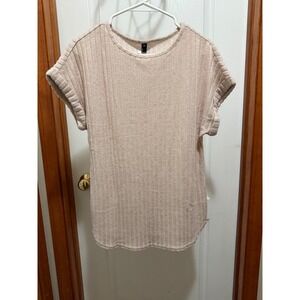 LILLUSORY Womens Ribbed Knit Short Sleeve Top Beige Crew Neck Rolled Cuff AW25A0
